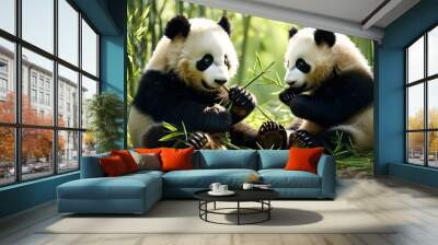 Charming scene of Chinese giant pandas enjoying bamboo in a lush green forest Wall mural