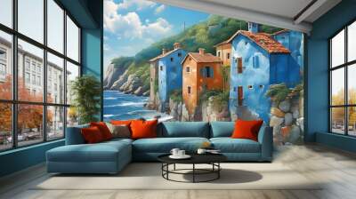 Charming seaside house captured in vibrant oil paint under a clear blue sky Wall mural