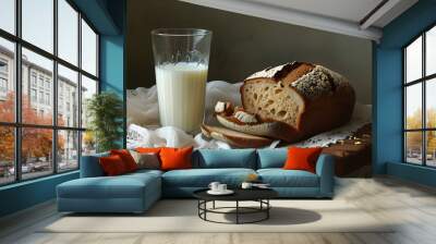 Charming still life featuring a loaf of bread beside a glass of milk Wall mural