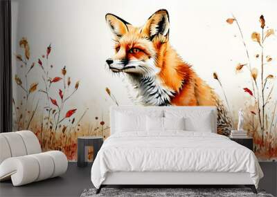 Charming watercolor cartoon illustrations of a red fox in an autumn field, isolated against a white background Wall mural