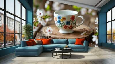 Charming white ceramic mug adorned with vibrant floral patterns nestled on a rustic wooden table amidst warm, inviting natural elements Wall mural