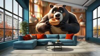 Cheerful cartoon bear relishing a delightful feast of vibrant, colorful donuts in an animated adventure Wall mural