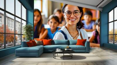 Cheerful female teacher in elementary classroom engaging with students, capturing a joyful learning environment filled with positivity and enthusiasm Wall mural