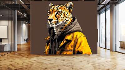 Chic 70s-inspired monochrome portrait featuring a stylish character in a brown jacket with a cheetah design, capturing a vibrant lifestyle and fashion aesthetic. Wall mural