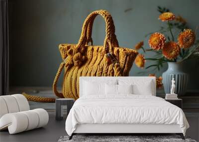 Chic knitted handbag with intricate patterns and vibrant colors Wall mural