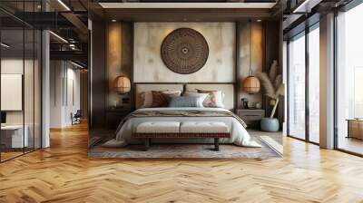 Chic modern bedroom featuring an oriental boho style bed and contemporary decor elements Wall mural