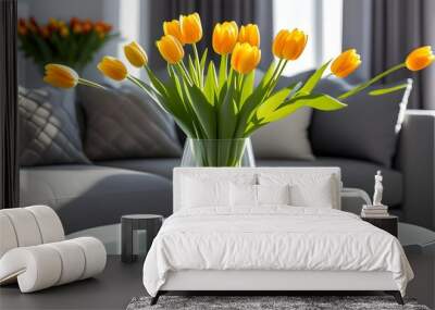 Chic modern living room featuring vibrant yellow tulips in a vase, grey sofa, and elegant white walls, capturing a winning design aesthetic. Wall mural