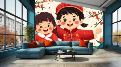 Children in Red Celebrating Spring Festival with Joyful Illustrations of Traditional New Year Festivities Wall mural