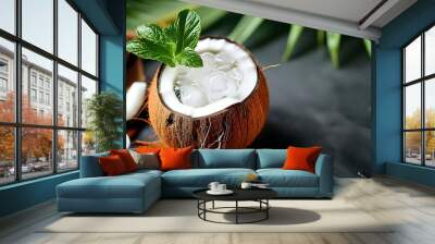 Chilled coconut drink with ice, natural coconut halves, and refreshing bubbles for a tropical paradise vibe Wall mural