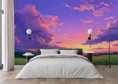 Cinematic purple sunset sky with clouds over a lush green field in stunning Japanese animation style illustration Wall mural