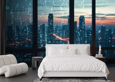 City skyline at night with binary code reflected in windows, symbolizing a digital web and AI-inspired matrix network Wall mural