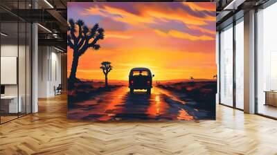 Classic van silhouettes against a vibrant desert sunset embodying the essence of solitary escape and wanderlust. Wall mural