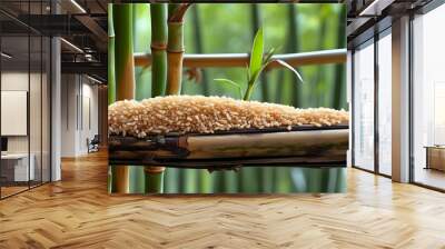 close-up of brown rice grains nestled among fresh bamboo shoots Wall mural