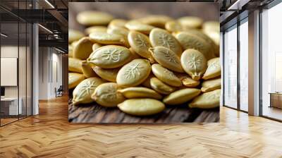 Close-up of Organic Pumpkin Seeds on Rustic Wooden Background Wall mural