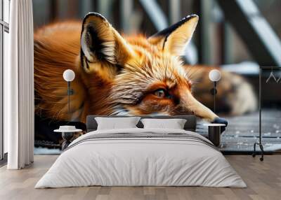 Close-up view of a Red fox relaxing on patio decking under natural light Wall mural