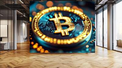 Close-up view of bitcoin on a circuit board symbolizing cryptocurrency and modern blockchain technology in the digital finance landscape. Wall mural