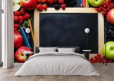 Colorful Back to School Supplies Border Featuring Fruits and Pencils on Black Chalkboard for Education and Healthy Living Themes Wall mural