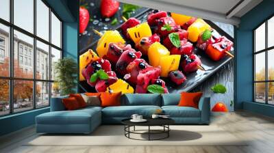 Colorful frozen fruit kebabs, a refreshing and healthy summer snack Wall mural