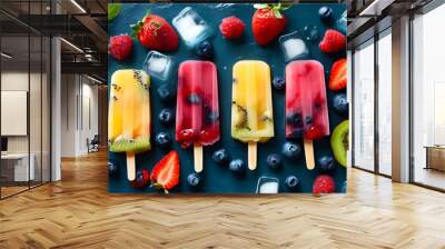 Colorful fruit ice popsicles on ice, featuring strawberry, blueberry, and kiwi, embodying the essence of summer lifestyle and vibrant refreshment Wall mural