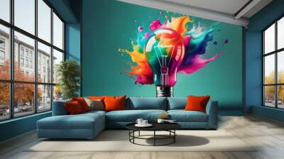 Colorful Lightbulb of Creativity: Liquid Paints Illuminate Imagination on Dark Green Background Wall mural