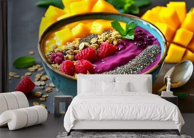 Colorful mango smoothie bowl topped with fresh berries, crunchy granola, chia seeds, and fresh mint in a stylish ceramic dish Wall mural