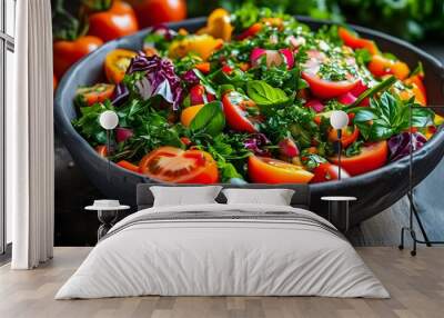 Colorful mixed vegetable salad featuring tomatoes, greens, and herbs presented in a bowl against a dark rustic backdrop Wall mural