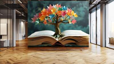 Colorful paper tree flourishing on open book, representing knowledge growth and creativity blossoming from the pages of literature Wall mural