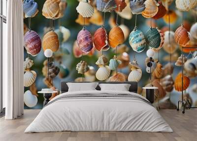 colorful seashell wind chime showcasing diverse textures and hues, embodying relaxation and the essence of nature during summer by the beach Wall mural