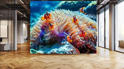 Colorful underwater scene showcasing vibrant sea anemones and coral reefs inhabited by clownfish in the rich marine ecosystem Wall mural