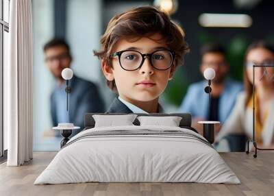 Confident young boy in glasses and suit poses in modern office with blurred colleagues in the background Wall mural