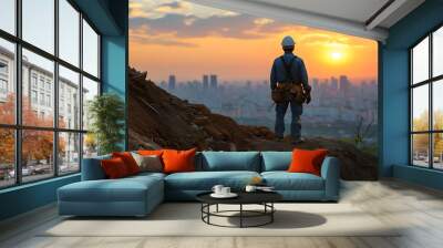 Construction worker gazing at sunset skyline from a dirt hill, reflecting on the days toil and the beauty of the evening glow Wall mural