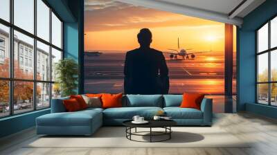 Contemplative traveler in business attire in airport lounge, watching airplanes at sunrise, embodying the excitement of upcoming journeys Wall mural