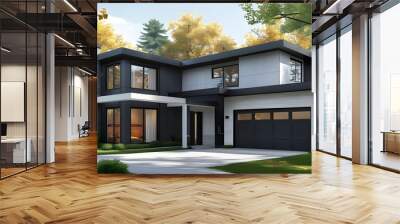 Contemporary one-story house design featuring garage, boiler room, bedroom, and kitchen with AI-generated details Wall mural