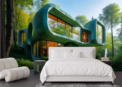 Contemporary organic architecture harmonizing with vibrant urban forest, featuring unique design and expansive windows amidst lush greenery Wall mural