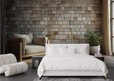 Contemporary room featuring a rock tile wall and an inviting armchair illuminated by natural light, ideal for relaxation and inspiration Wall mural