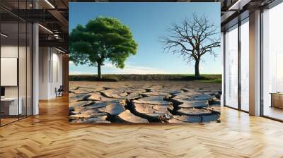 Contrast of Life and Death in a Barren Landscape with Dry Cracked Earth and Two Striking Trees Wall mural