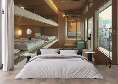 Cozy and modern capsule hotel interior showcasing minimalist design and innovative sleeping spaces in Japan Wall mural