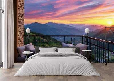 Cozy balcony sunset overlooking scenic mountains and rolling hills with vibrant sky colors and plush cushions Wall mural