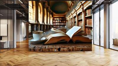 Cozy reading nook with an open book and steaming coffee in an inviting vintage library Wall mural