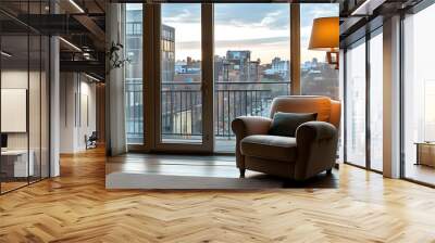 Cozy urban living room with inviting armchairs and warm lamp light, featuring large windows overlooking a tranquil city street Wall mural