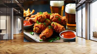 Crispy chicken wings paired with chilled beers, perfect for a laid-back snack time atmosphere Wall mural