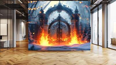 Crystalline Gateway Surrounded by Fiery Ring, Offering a Dramatic Entrance to a Vibrant Winter Festival in a Fantasy Anime 3D Render Wall mural