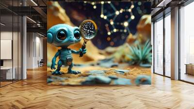 Curious alien exploring horoscope secrets with a magnifying glass in a vibrant macro discovery scene Wall mural