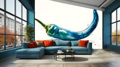 Curved blue chili pepper with vibrant green stem, captured in delicate watercolor against a soft background Wall mural