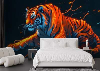 Cybernetic tiger radiating with glowing orange and black lines in a dynamic digital realm Wall mural