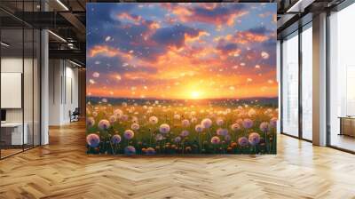 Dandelion Seeds Dancing in the Breeze at a Vibrant Sunset, Evoking Freedom and Wishes Amidst a Tranquil Evening in a Colorful Sky Wall mural