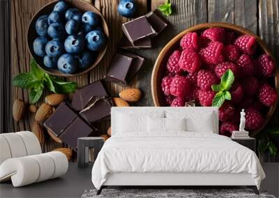 Decadent berry and chocolate medley with almonds and fresh mint on a rustic wooden table Wall mural