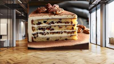 Decadent layered cake adorned with pecans and cocoa powder, elegantly presented on a rustic wooden plate Wall mural