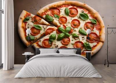 Delectable pizza adorned with pepperoni slices and savory mushrooms Wall mural