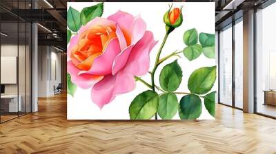 Delicate pink and orange blooming rose with lush green leaves in watercolor elegance Wall mural